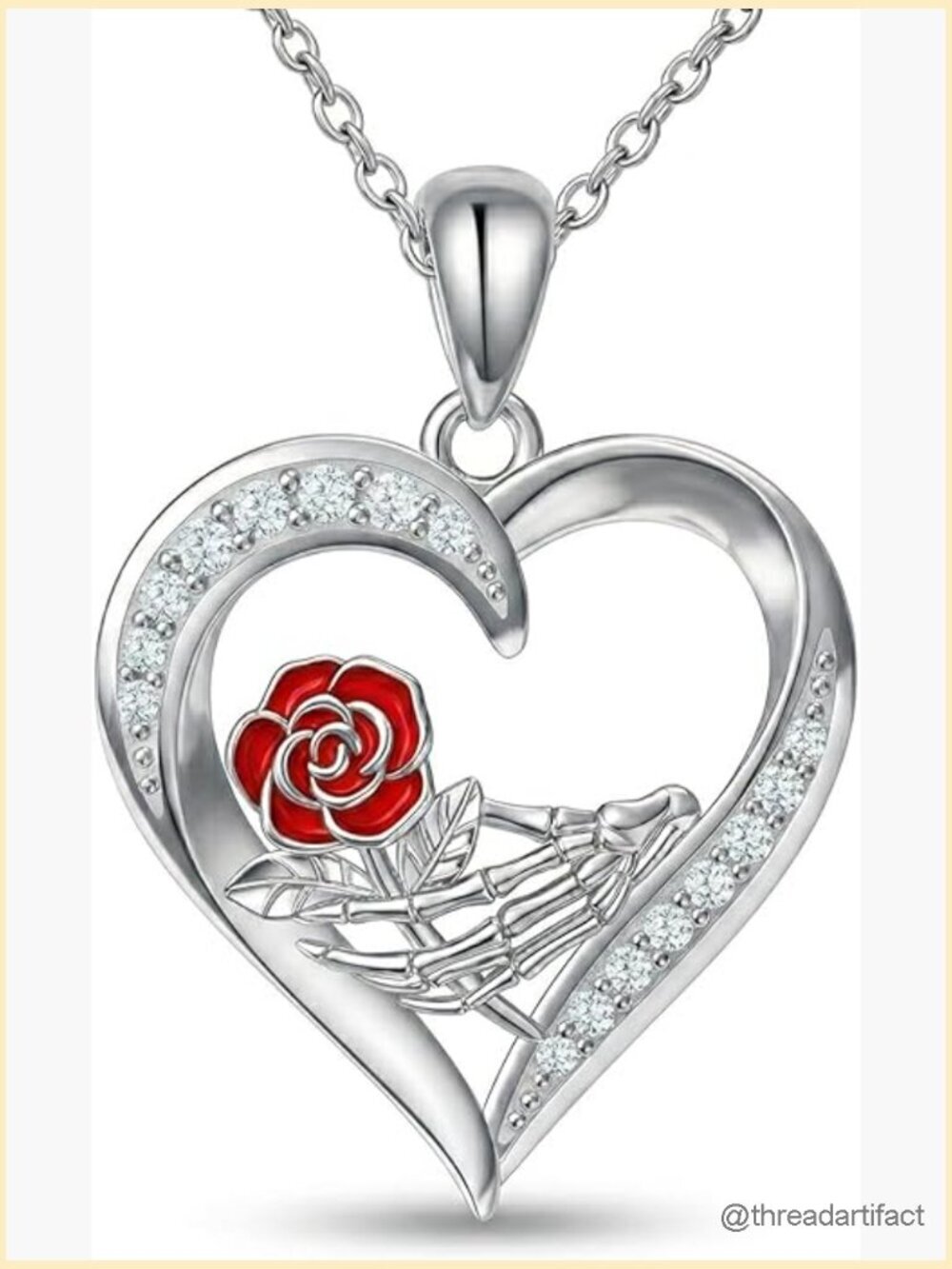 Skeleton Hand Rose Heart Pendant Necklace Gothic Jewelry